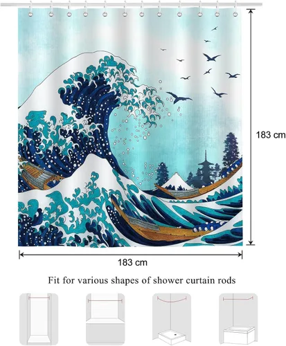 Miniatura 6 de Bonhause Great Wave - Cortina de ducha con diseño de anime japonés Kanagawa, color azul océano, 72 x 72 pulgadas, tela de poliéster, impermeable