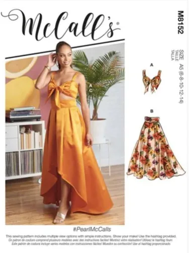 McCall's M8152A5 - Kit de patrones de costura de falda plisada de cintura alta y top con lazo para mujer, código de diseño M8152, tallas 6-14