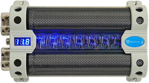 Rockville Condensador RFC30F de 30 farades, pantalla de voltaje azul, medidor LED, modo de suspensión, advertencia de polaridad inversa, para