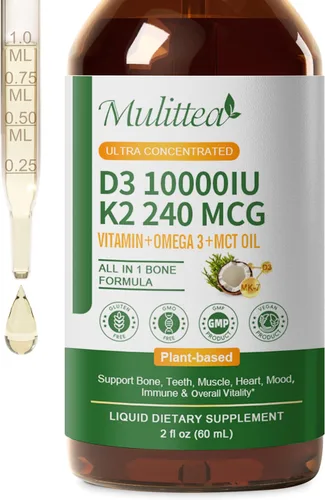 Mulittea Líquido orgánico de vitamina D3 K2 con aceite de linaza y coco MCT vegano Omega-3, 10000 UI, líquido de vitamina D, sin rellenos, K2 sin