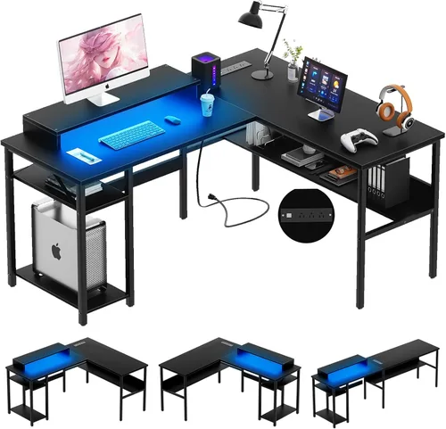 Unikito Escritorio reversible en forma de L con tomas de corriente mágicas y luz LED inteligente, escritorio de esquina para computadora robusto con