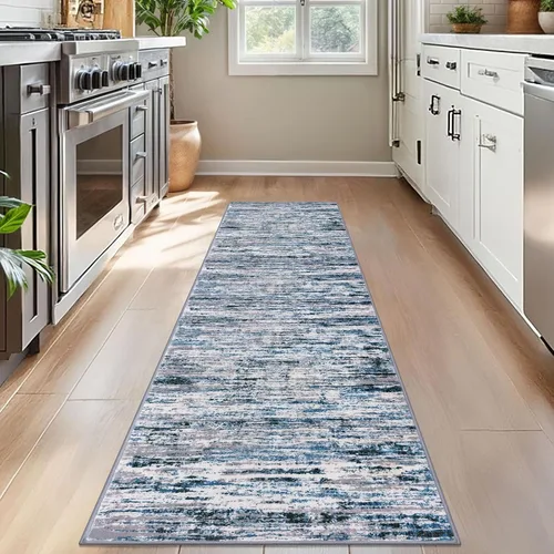 Miniatura 90 de Lansny Alfombra moderna abstracta de 2 x 5 pies, color negro, gris, blanco, lavable, alfombra de entrada para cocina, alfombra antideslizante suave