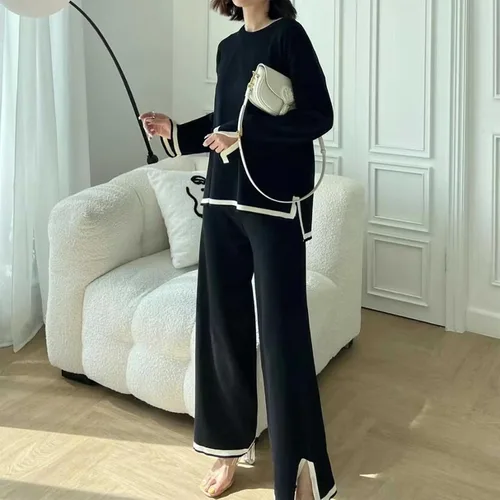 Miniatura 2 de MaLinfandor Conjunto de 2 piezas de suéter de punto para mujer, sudadera de manga larga, pantalones elásticos de pierna ancha, conjunto de ropa