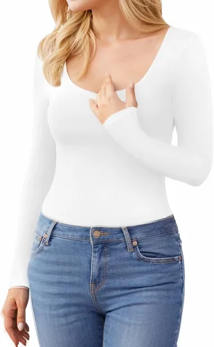 Miniatura 4 de MANGOPOP Double Lined Bodysuit Women Long Sleeve Scoop Neck Bodysuit Basic Shirts Tops