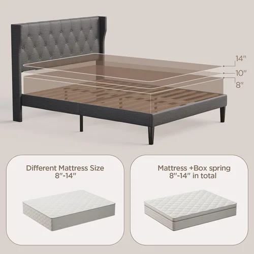 Miniatura 8 de Aiho Base de cama de tamaño matrimonial con cabecera copetuda con botones en la parte trasera, base de cama tapizada, soporte de listones de madera
