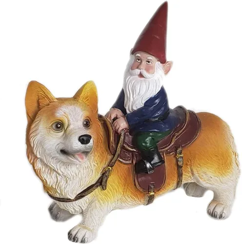 Funny Guy Mugs - Estatua de gnomo de jardín - Gnomo montando un Corgi - Estatua de gnomo de jardín para interior y exterior para patio, jardín o