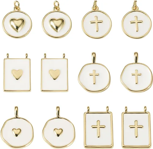 Miniatura 9 de Cheriswelry 12 dijes celestiales chapados en oro de 18 quilates con diseño de estrella, sol, luna, planos, redondos, esmaltados, colgantes, adornos
