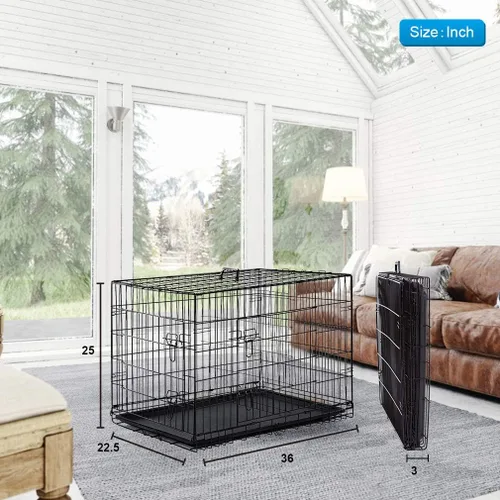 Miniatura 7 de BestPet Jaula para perros 36 pulgadas Negro Perrera de metal plegable con puertas dobles, pestillos seguros de perno deslizante, bandeja a