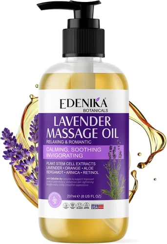 Edenika Botanicals Aceite de masaje de lavanda para piel, aromaterapia de lujo y aceite de masaje romántico para una cita nocturna, piel relajante e