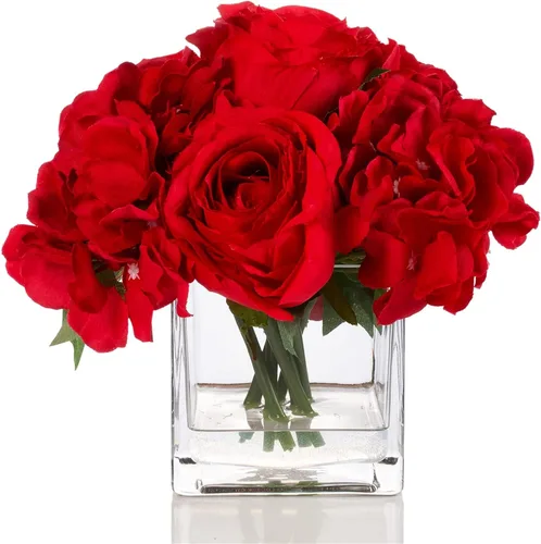 Miniatura 7 de ENOVA FLORAL Pequeñas flores falsas de seda azul con jarrón, arreglo floral artificial de rosas mixtas y hortensias en jarrón con agua sintética