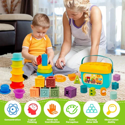 Miniatura 5 de Juguetes Montessori para Bebés de 6 a 18 Meses con Clasificador de Formas Sensoriales, Juguete de Juego de Correspondencia, Anillos Apilables
