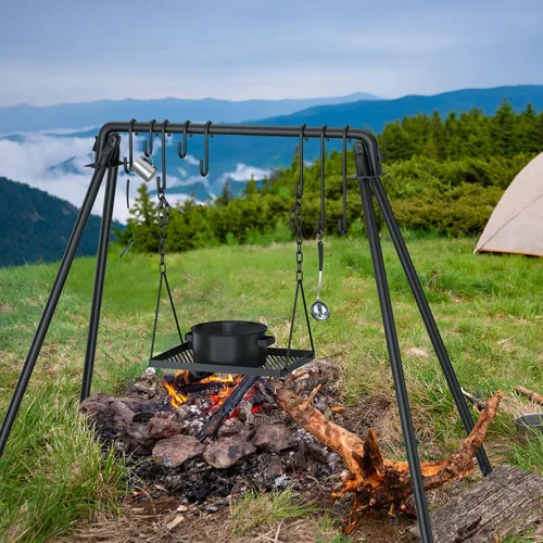 Miniatura 9 de RELIANCER Columpio para parrilla, soporte de cocina con 8 ganchos y bolsa de almacenamiento, parrilla de hierro fundido para barbacoa, parrilla