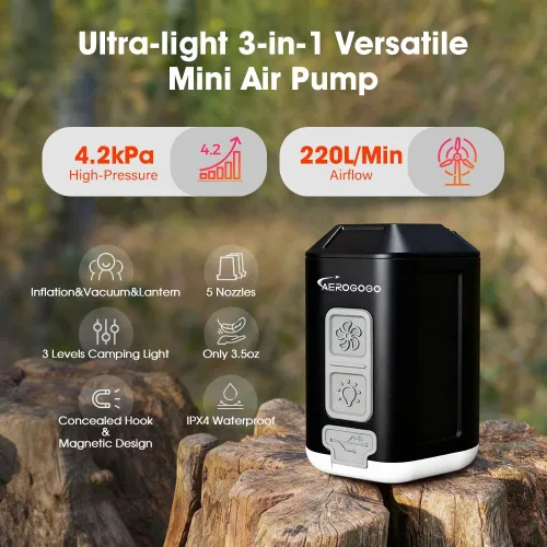 Miniatura 2 de Aerogogo GIGA Pump 4 Mini bomba de aire de 4.2 kPa con linterna de campamento, bomba de aire portátil, inflador de aire recargable puede desinflar