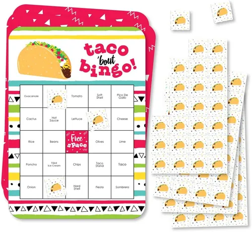 Big Dot of Happiness Taco 'Bout Fun - Tarjetas de bingo y marcadores - Juego de bingo de fiesta mexicana - Juego de 18