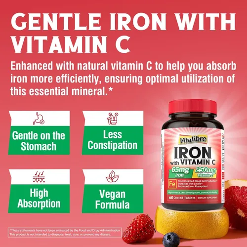 Miniatura 3 de Suplemento de hierro, 65 mg de hierro carbonilo con 250 mg de vitamina C, píldoras de hierro amigables con el estómago para mujeres y hombres, alta