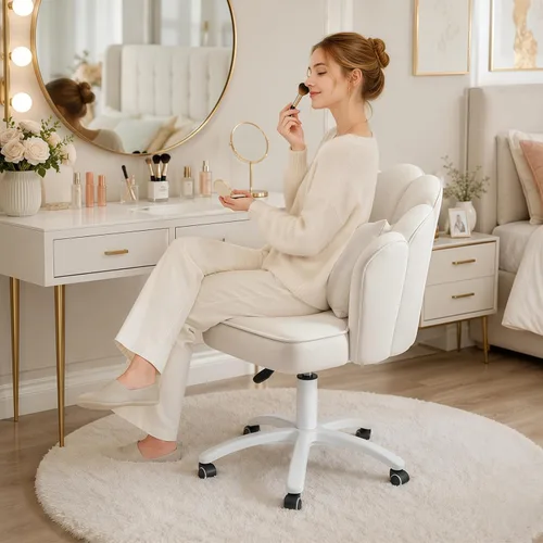 Miniatura 3 de Silla de tocador con ruedas Silla de escritorio de pétalos de terciopelo Silla de oficina en casa copetada tapizada para mujeres y niñas, Silla