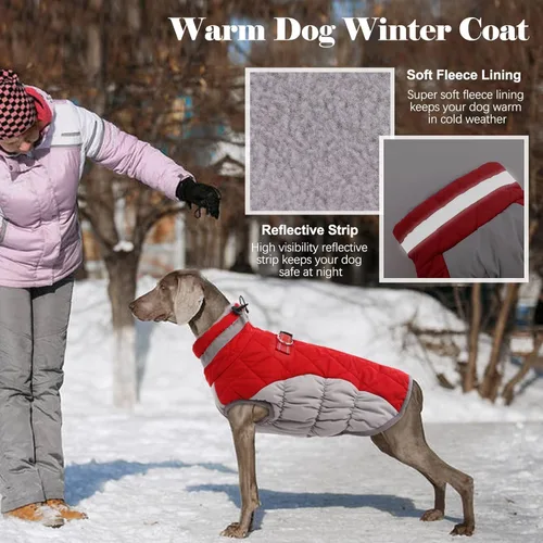 Miniatura 4 de Lelepet Abrigo cálido para perro, abrigo de invierno para perro, chaqueta impermeable para perros con arnés integrado reflectante para mascotas, Rojo
