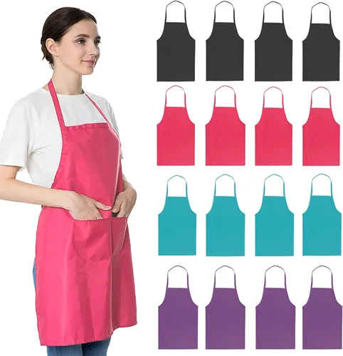 Miniatura 8 de Juego de 16 delantales rojos con babero liso a granel para mujeres, hombres y adultos con 2 bolsillos - Delantales de chef, cocina, pintura