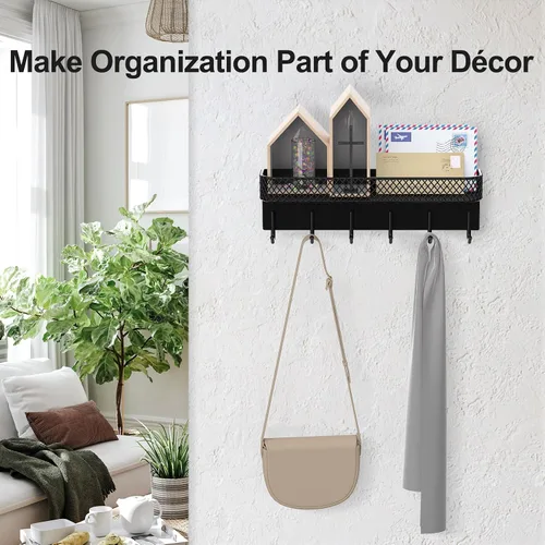 Miniatura 5 de Lwenki Soporte para llaves de pared – Colgador decorativo de acero inoxidable con 6 ganchos para sombreros, bolsos, correas – Organizador de correo