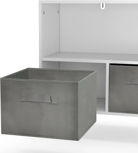 Miniatura 6 de Estantería para niños con 3 cajones de tela plegables y estantes abiertos, armario de almacenamiento moderno de madera, armario de almacenamiento