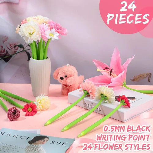 Miniatura 4 de BBTO 24 bolígrafos con forma de flor para mujeres, margarita, rosa, lirio, clavel, con punta de flor, bolígrafo de gel negro, regalo para el Día