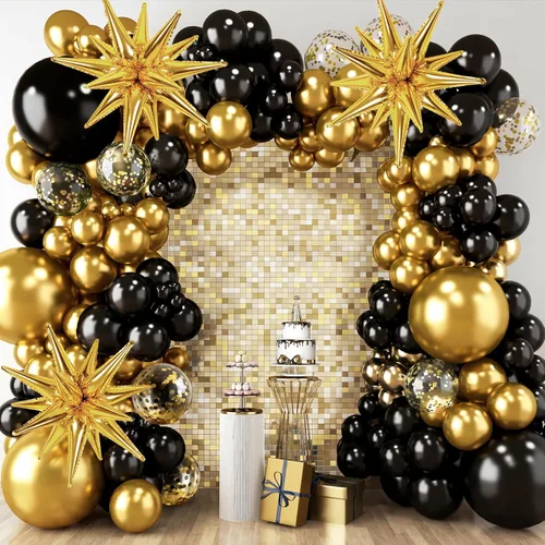 RUBFAC 140 piezas Globos negros y dorados, globos de látex con confeti de estrella en negro y oro metálico de 5, 10, 12, 18 pulgadas para 2026, Año