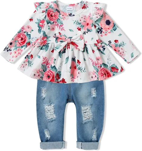 SANMIO Conjunto de ropa para niña, lindo conjunto de camiseta floral con mangas con volantes y pantalones de mezclilla rasgados
