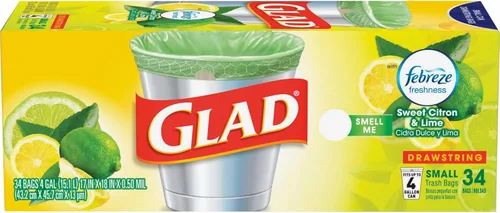 Glad Bolsas de basura pequeñas con cordón de cocina, 4 galones, Febreze Sweet Citron & Lime, 34 unidades