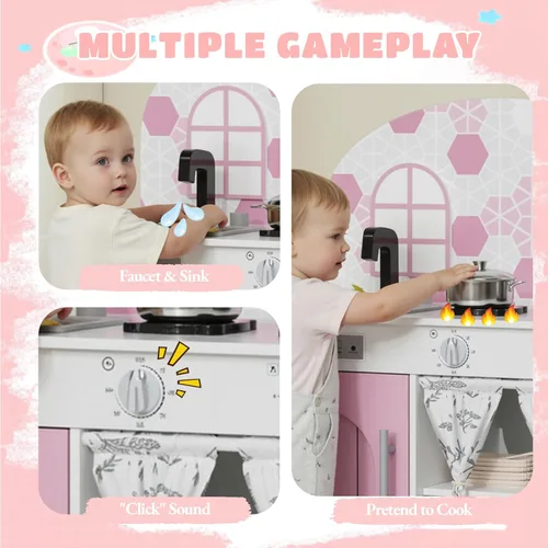 Miniatura 5 de Arlopu Set de Cocina de Juego, Juego Interactivo de Chef de Simulación para Niños con Gabinete con Cortina, Estufa con Perillas que Hacen Clic, Rosa