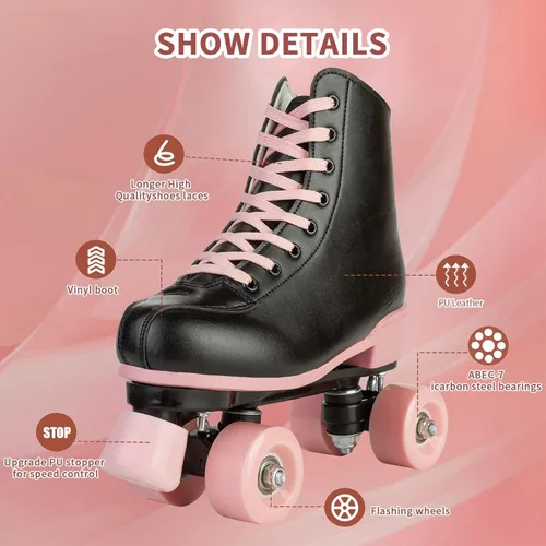Miniatura 2 de Jessie Patines de ruedas para niñas y mujeres, patines de piel sintética Flash para niños, patines clásicos ajustables de cuatro ruedas