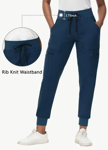 Miniatura 2 de Pantalones médicos para mujer con 8 bolsillos, de punto acanalado, cintura media, ajuste delgado, estilo deportivo