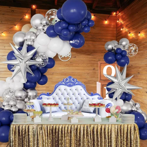 Miniatura 4 de Kit de arco de guirnalda de globos de color azul marino y plateado, 146 globos de color azul rey metálico plateado y blanco con globos plateados