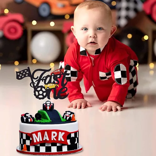 Miniatura 4 de Fast One - Decoración para pastel de primer cumpleaños, decoración de pastel de carreras con purpurina y temática de bandera a cuadros, suministros