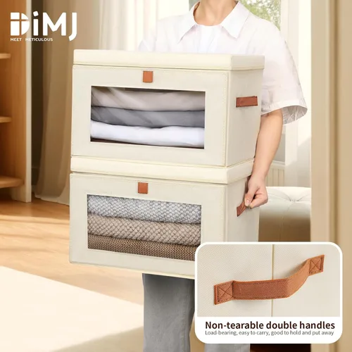 Miniatura 6 de DIMJ Contenedores de Almacenamiento con Tapas - Paquete de 4 Organizadores Grandes de Tela para Armario con Ventana y Asas, Cajas de Almacenamiento