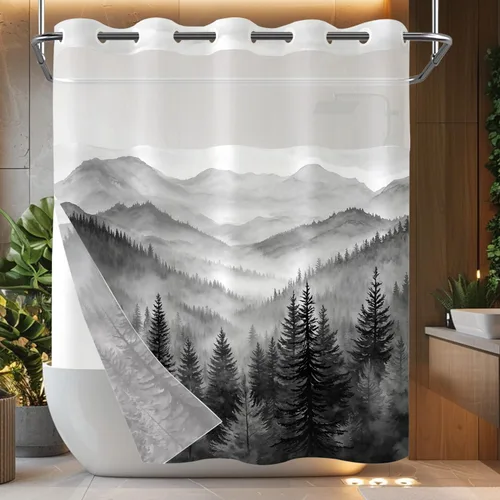 Miniatura 30 de Cortina de ducha Stall pequeña de bosque brumoso en blanco y negro, gris degradado, árbol de pino de montaña, tela impermeable, cortinas de ducha