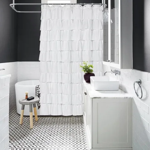 Miniatura 3 de Volens - Cortina de ducha de tela blanca con volantes para baño, 70 pulgadas de largo Blanco