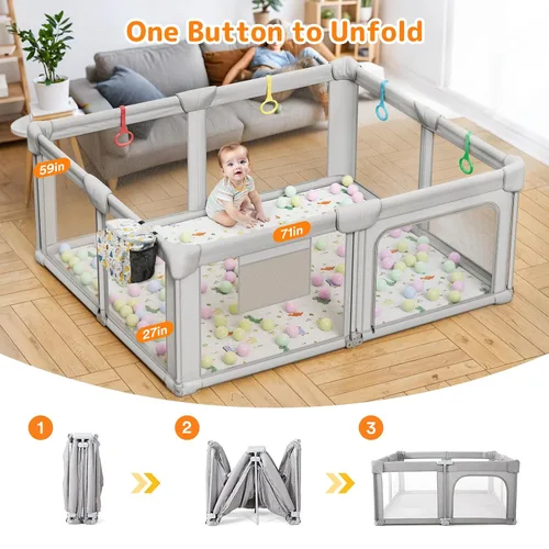 Miniatura 10 de Corralito plegable para bebés con alfombra, corralito de 71 x 59 pulgadas para bebés y niños pequeños, corral de juegos plegable grande, patio