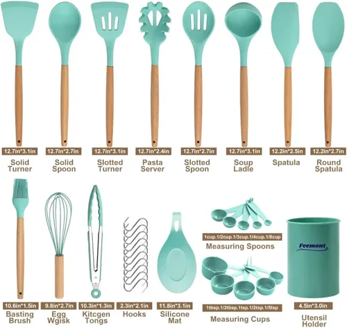 Miniatura 2 de Juego de utensilios de cocina de silicona de 33 piezas con soporte, resistentes al calor, utensilios de cocina antiadherentes con asas de madera