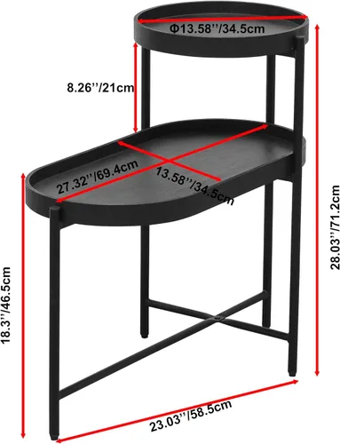 Miniatura 3 de Mesa auxiliar redonda de 2 niveles con extremo de café irregular, mesa pequeña con marco de metal para sala de estar, dormitorio (negro)