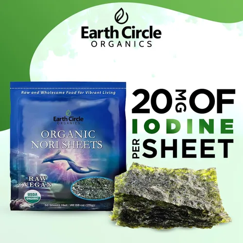 Miniatura 5 de Earth Circle Organics Sábanas de algas nori orgánicas, crudas, sin calentar y sin tostar, certificadas grado A, veganas, paleo y cetogénicas