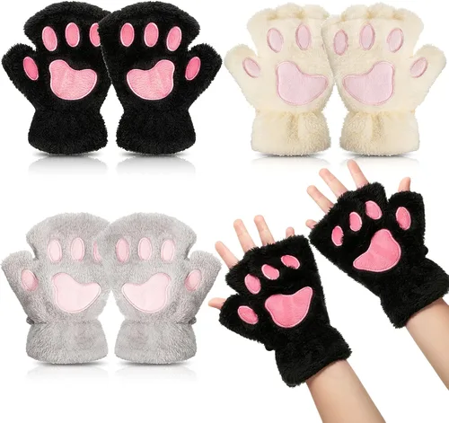 Guantes de pata de gato, 3 pares de guantes kawaii, patas de gato, cosplay, piel sintética, guantes de gato, patas de león, guantes sin dedos para