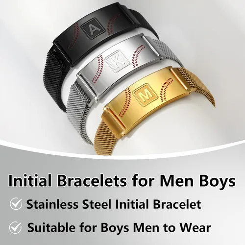 Miniatura 4 de Fervia Regalos de graduación de Pascua para hombres, pulsera con inicial de béisbol, color negro, plateado, dorado, acero inoxidable, pulseras