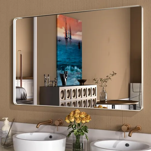 Miniatura 14 de WEER - Espejo de baño dorado, espejo de 40x32 pulgadas con marco de metal dorado cepillado, espejo de tocador de baño de oro para pared