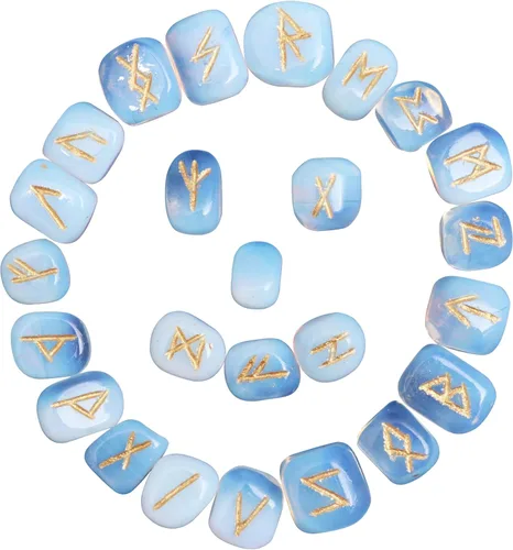 Crocon Juego de piedras de runa oplaita con alfabeto Futhark de élder, símbolo grabado para generador de energía, equilibrio de chakras, protección