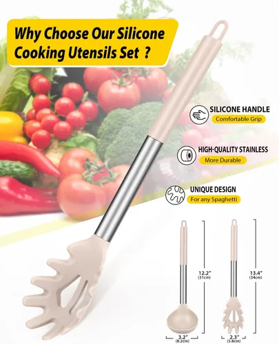 Miniatura 2 de Juego de tenedor y cucharón de silicona para pasta, utensilios de cocina grandes antiadherentes para cocinar, agitar, servir espaguetis, sopa, salsa