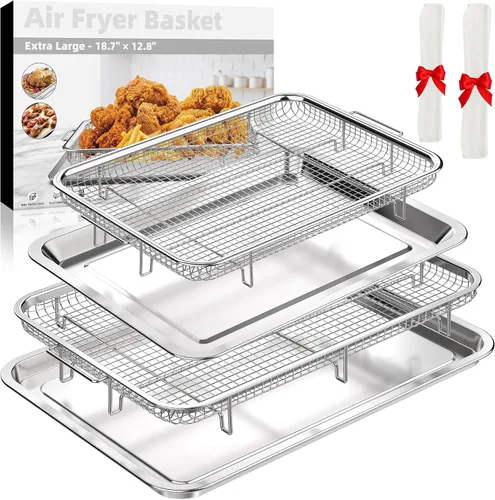 Miniatura 8 de Cesta de freidora de aire para horno, 2 juegos de bandeja y sartén de freidora de aire con 60 piezas de papel pergamino, sartén de freidora de aire