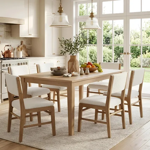 Miniatura 12 de HNY Juego de 2 sillas de comedor de lino beige con marco de madera negra, silla de cocina tapizada de tela moderna con respaldo rectangular, sillas
