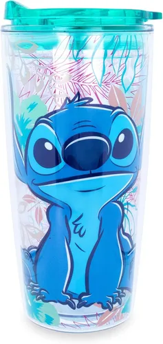 Silver Buffalo Disney Lilo and Stitch - Vaso de viaje de doble pared azul tropical floral con tapa de cierre deslizante, 20 onzas Lilo and Stitch