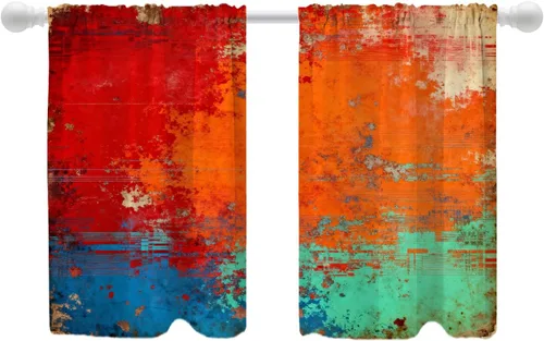 Miniatura 158 de Shrahala Beige and Orange Abstract Art Brushstrokes Blackout Curtain Tiers, Abstract Oil Paint Kitchen Valance Light Blocking Tier Drapes with Rod