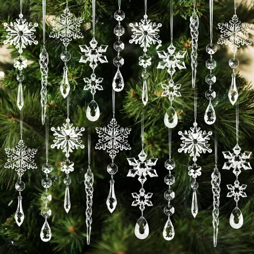 20 piezas de adornos de Navidad Adornos para árbol de Navidad colgantes Adornos de copo de nieve de acrílico con cristales de carámbano con dijes